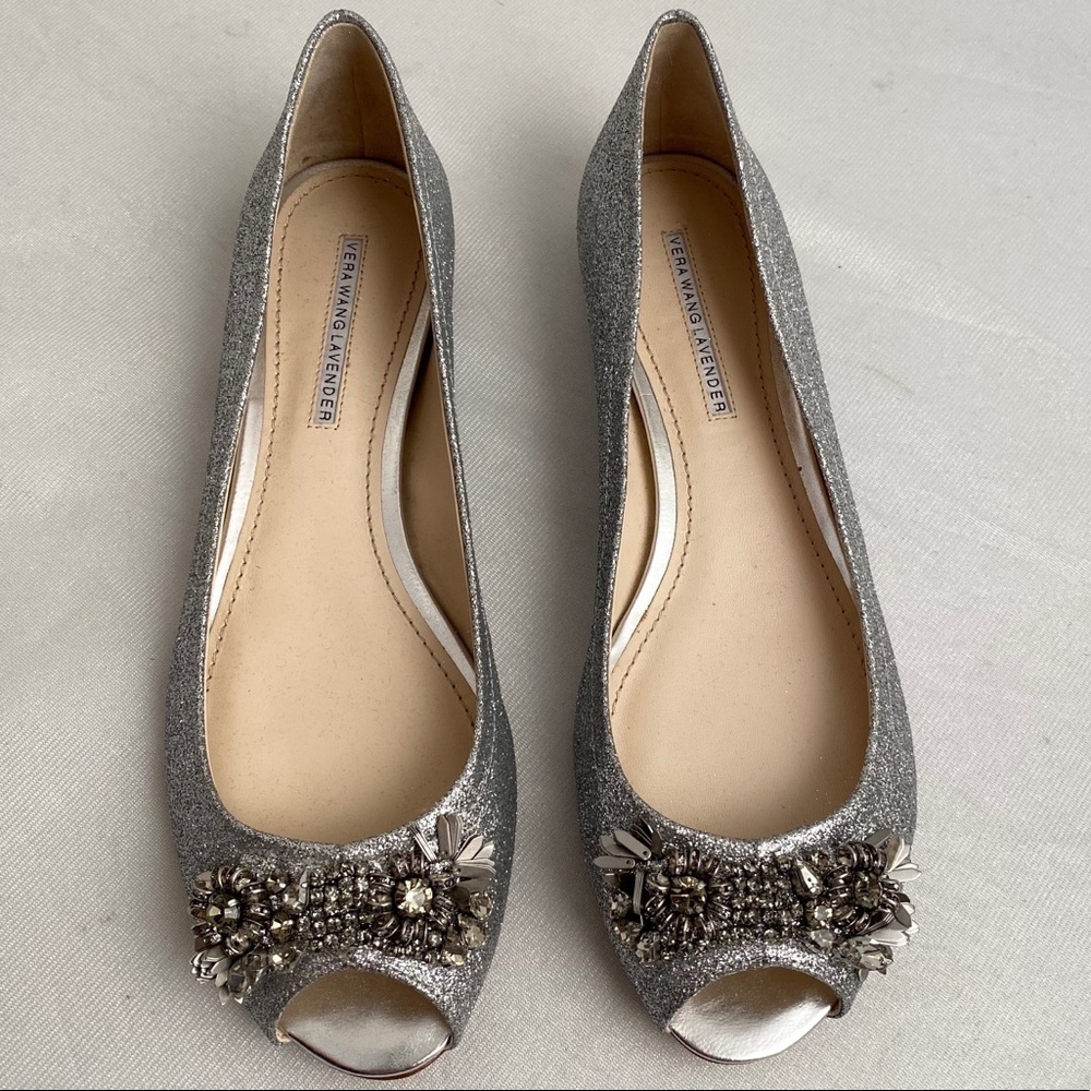 Vera Wang Lavender silver sparkle open toe flats 9